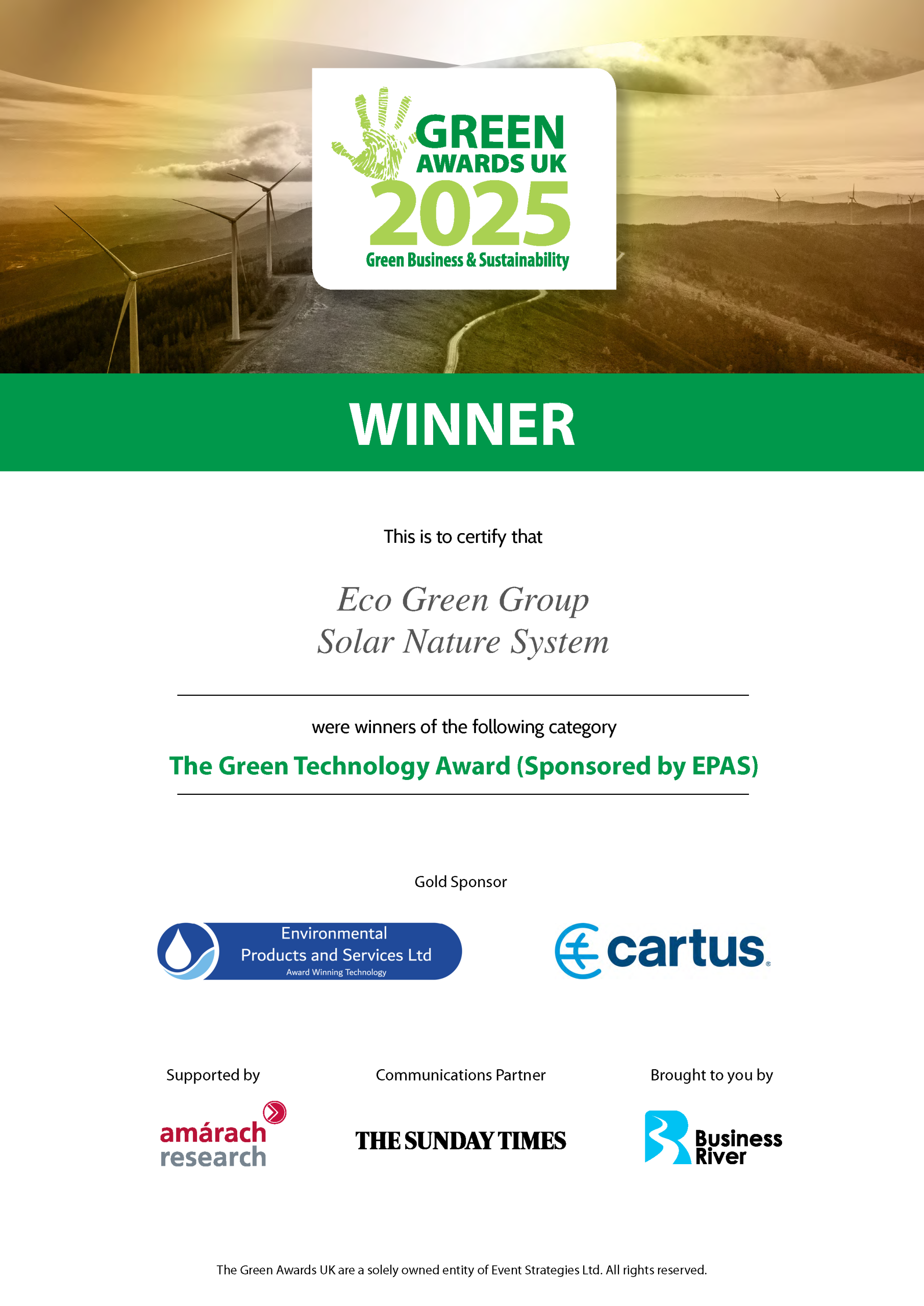 Eco Green Group Solar Nature System Winner of The Green Technology Award
