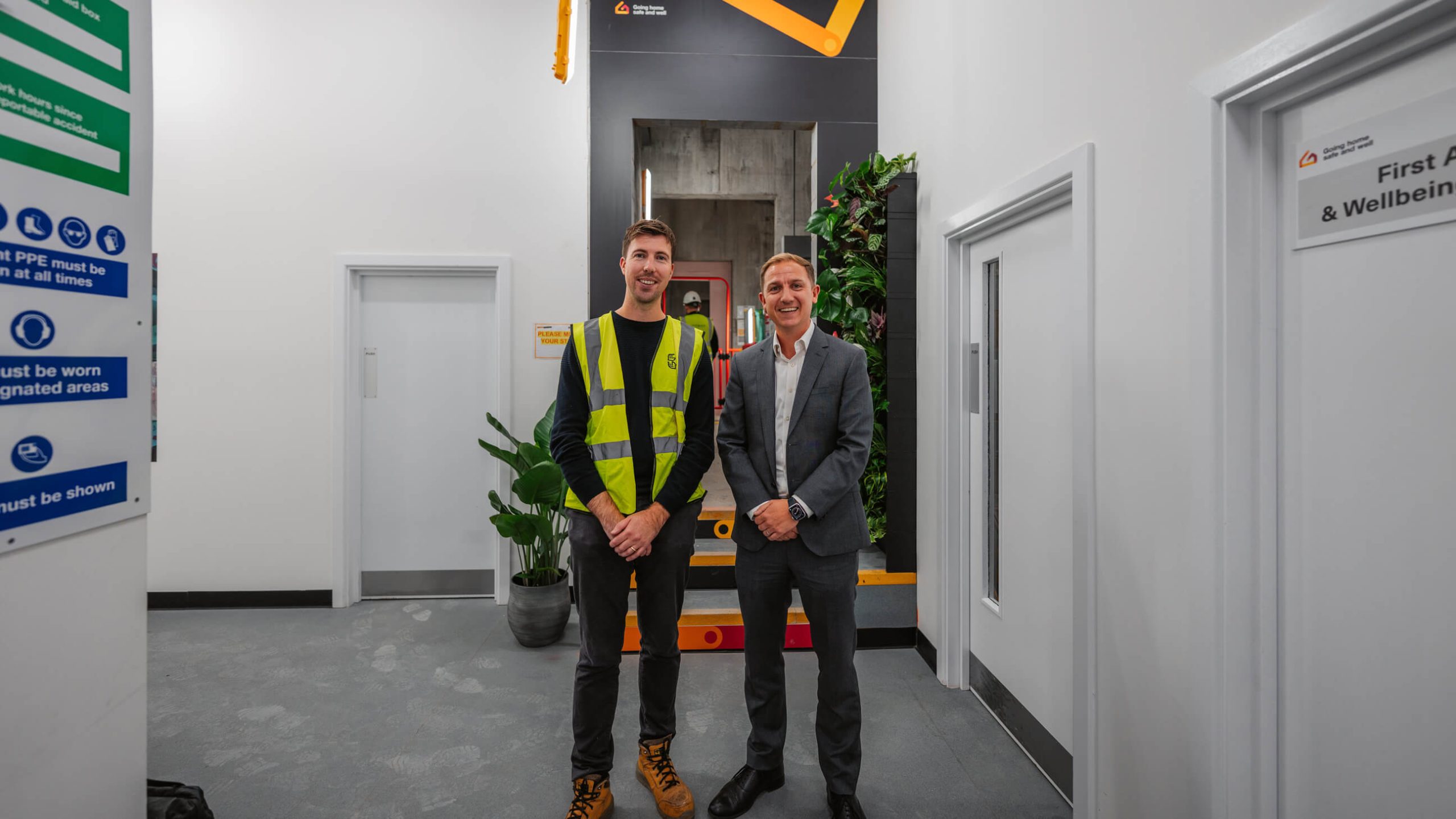 Luke Francis, Commercial Lead with Mace and Matt Lindsay, General Manager of Growing Revolution, in front of the completed PlantBox. Photo Credit Jordi Whitworth, Elevate Media 45